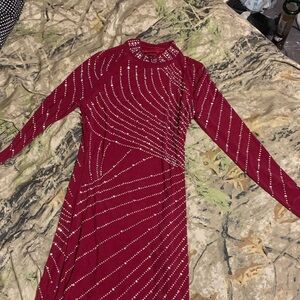 Chic Burgundy Long Sleeve Dress with Embellishments